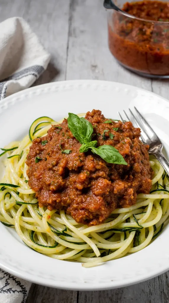 A close-up of a white bowl filled with zucchini noodle bolognese, showcasing the rich meat sauce and fresh zoodles.