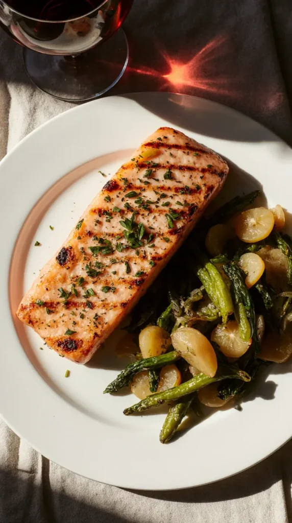  A photorealistic image of a grilled salmon fillet with herbs and steamed vegetables on a plate.