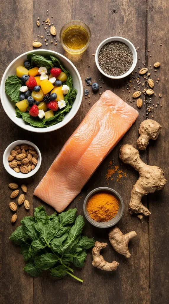 Close-up of anti inflammatory diet recipes featuring a turmeric chickpea salad with leafy greens and avocado.