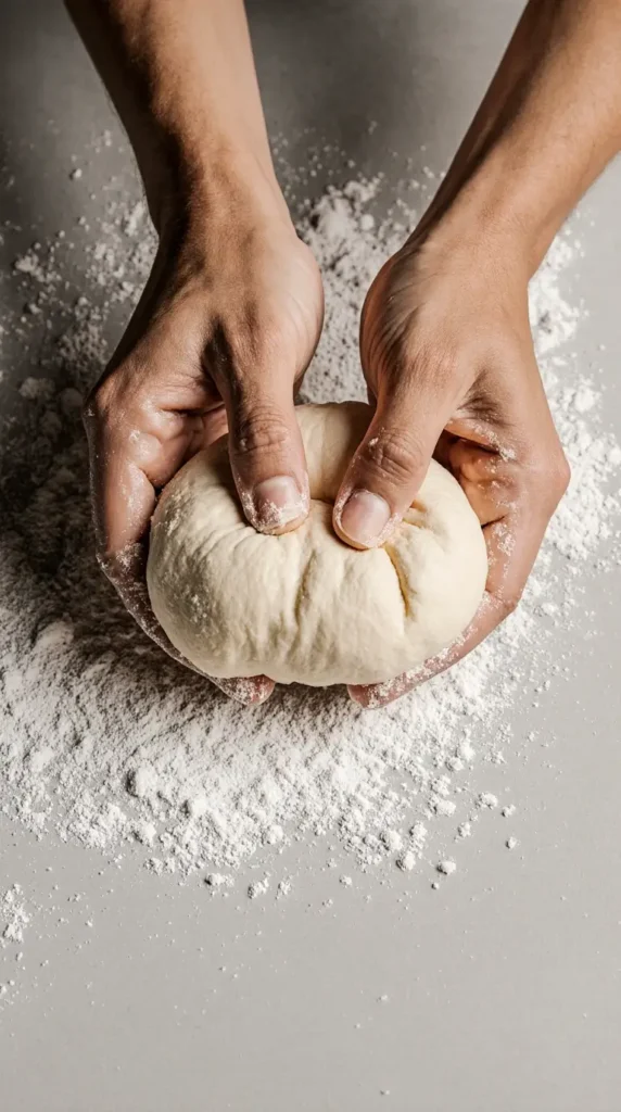  Close-up of a baker's hands expertly kneading dough for a homemade dinner rolls recipe on a lightly floured countertop.