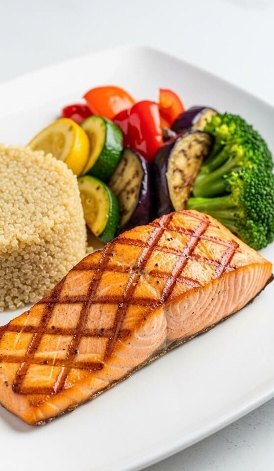 Grilled salmon with steamed broccoli and lemon slices on a white plate – best diet recipes for clean eating and lean protein.