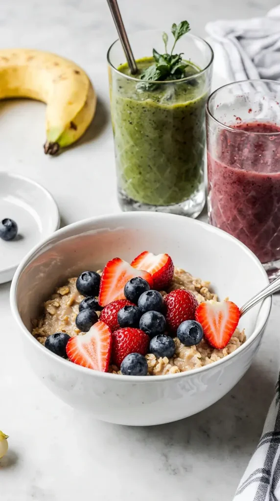 A photorealistic image of a bowl of oatmeal with fresh berries next to a green smoothie in a bright kitchen.
