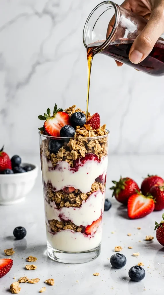 Real photo of a gluten free chia pudding with berries in a glass jar on a clean white countertop