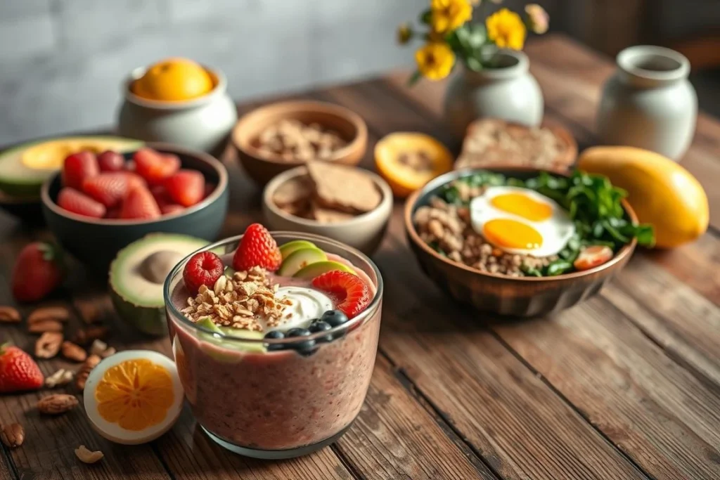 The best breakfast spread with omelette, toast, and juice served in natural daylight on a kitchen counter
