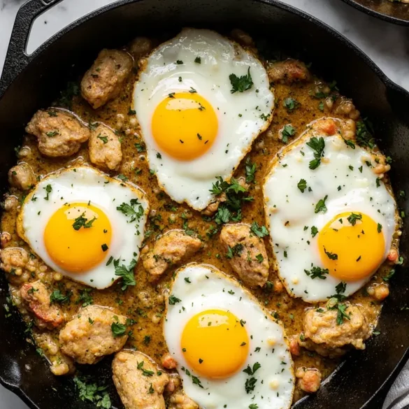 chicken and eggs A savory chicken and eggs breakfast skillet, garnished with parsley, in a cast-iron pan.