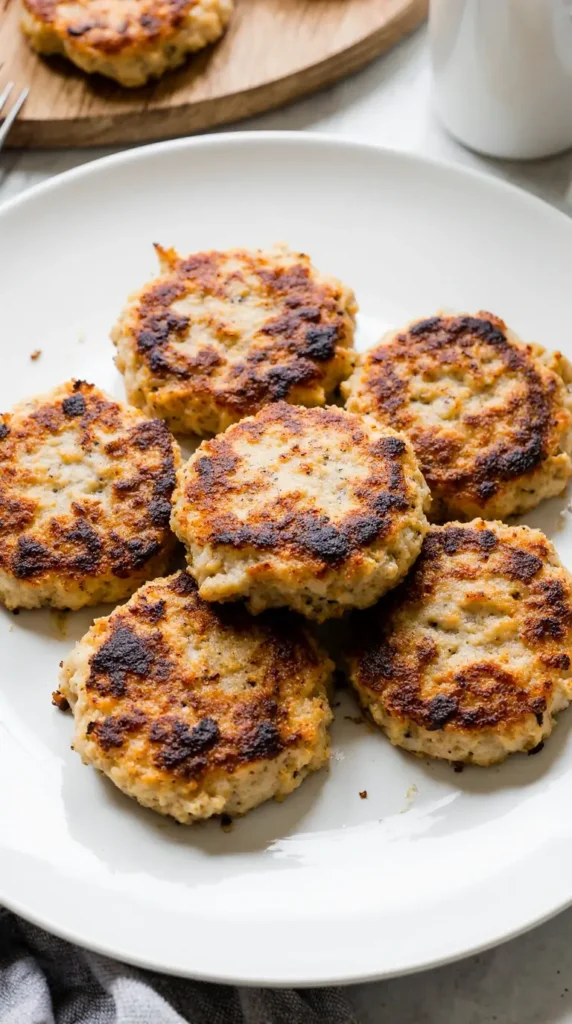 A close-up photorealistic image of a cooked chicken sausage patty broken in half to show its juicy, herb-filled interior.