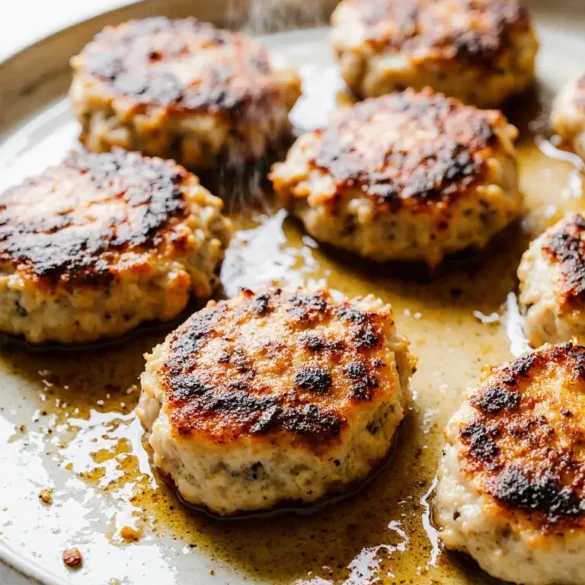 chicken breakfast sausage recipe Photorealistic image of juicy, homemade chicken breakfast sausage patties on a plate in a bright morning kitchen.
