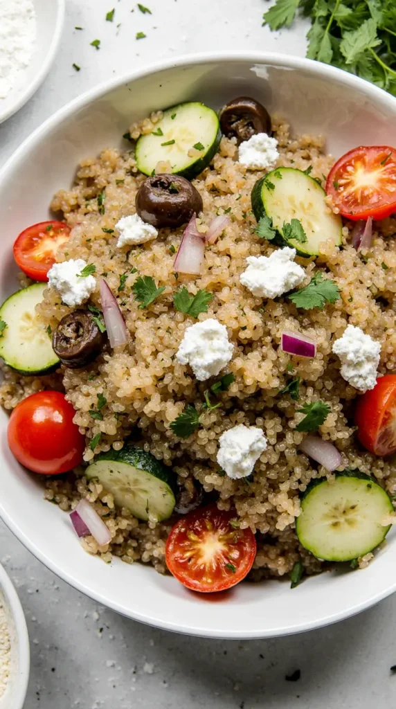  A photorealistic close-up of a quick Mediterranean quinoa salad in a white bowl, showing fresh cucumber, tomatoes, olives, and feta.
