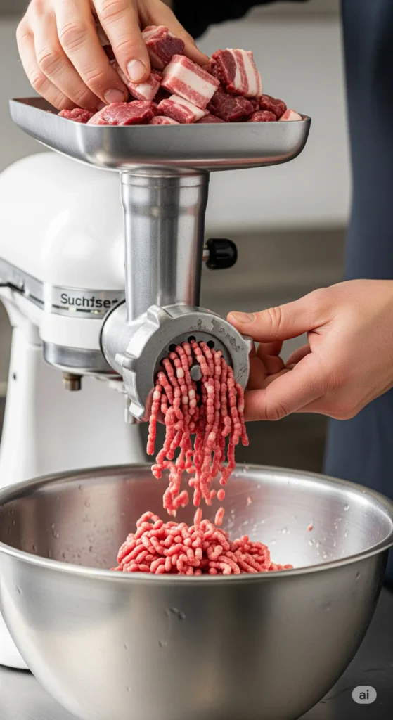 Close-up of cold venison and pork fat cubes being fed into a meat grinder to make homemade sausage.