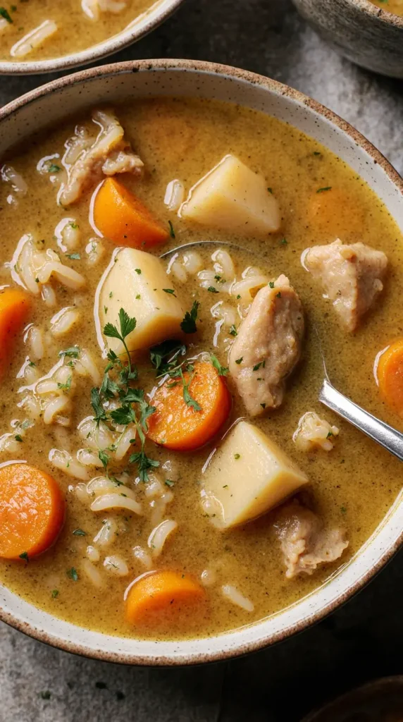 A comforting, close-up shot of a bowl of low FODMAP chicken and rice soup with carrots, parsnips, and fresh parsley.