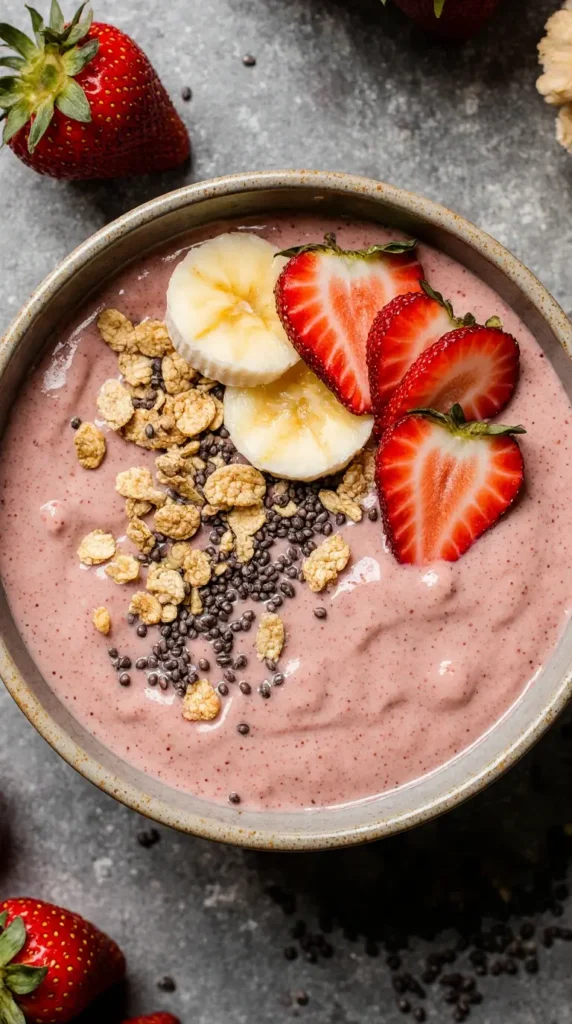 A thick, creamy, photorealistic strawberry banana smoothie bowl, beautifully topped with granola, chia seeds, and fresh strawberry slices.