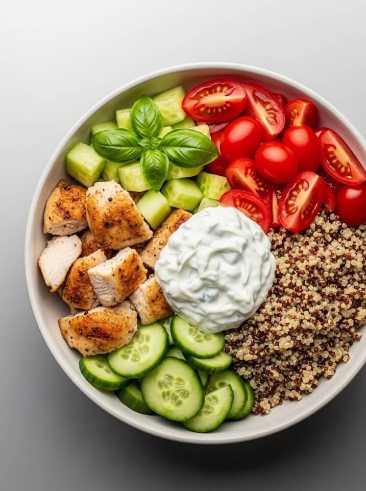 Close-up of a warm bowl of healthy dinner recipes including lentils, kale, and sweet potatoes on a clean countertop.


