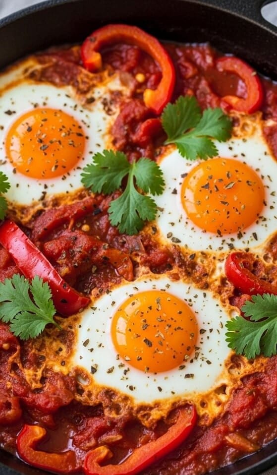 A close-up of a gourmet Shakshuka dish with perfectly poached eggs in a spicy tomato sauce, served in a rustic skillet for a special weekend breakfast.