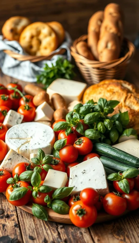 Ingredients for Mediterranean diet recipes including olive oil, garlic, herbs, and lemon displayed on a wooden kitchen counter beside a cooked dish.