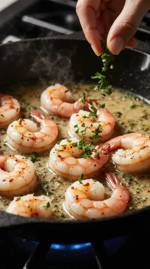  A dynamic close-up of large shrimp sizzling in a skillet with a glistening garlic butter sauce and fresh parsley.