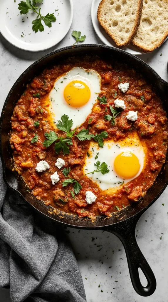  A close-up, top-down view of a rustic skillet with Shakshuka, featuring poached eggs in a rich tomato sauce, garnished with feta and cilantro.