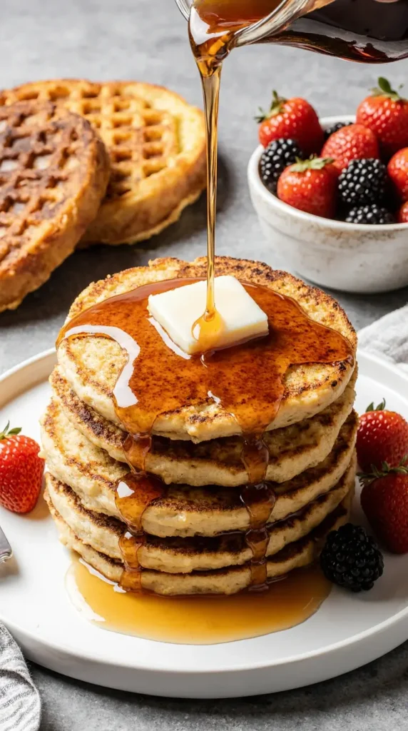 A tall, fluffy stack of sourdough pancakes topped with melting butter and maple syrup, with a sourdough waffle and French toast in the background.