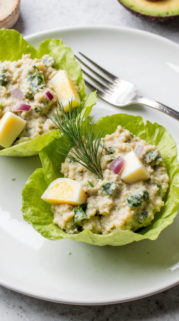 A fresh keto avocado and egg salad served in crisp green lettuce cups on a clean white plate.
