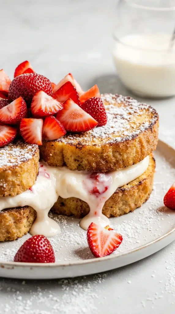 A close-up photorealistic shot of golden-brown French toast stuffed with strawberry cream cheese, dusted with powdered sugar.