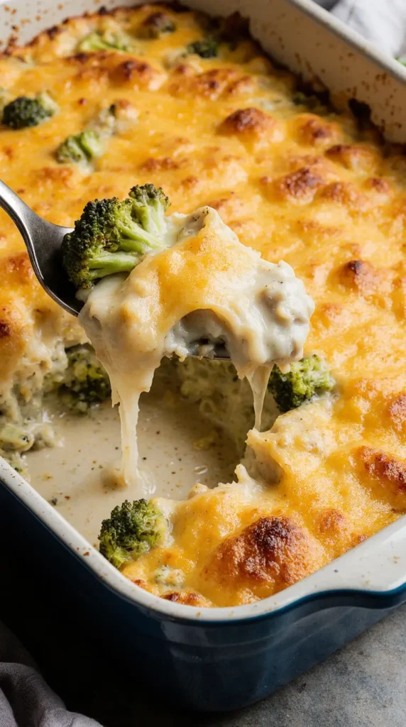 A close-up of a golden-brown and bubbly cheesy keto chicken and broccoli casserole in a baking dish.