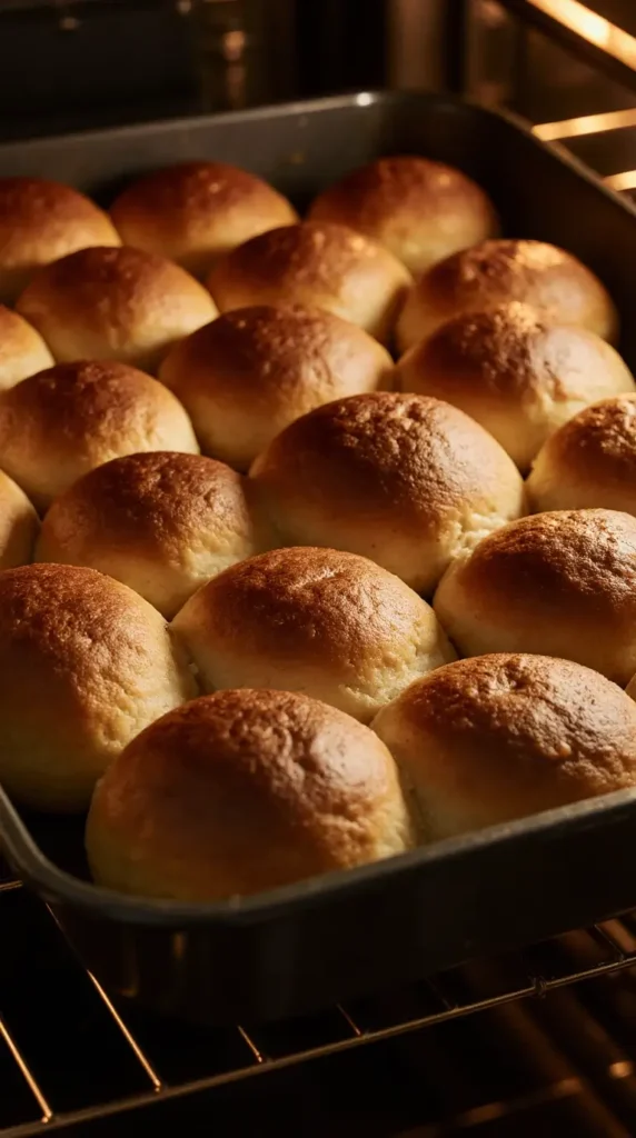 A tray of perfectly golden-brown rolls baking in the oven, the delicious result of following a great dinner rolls recipe.