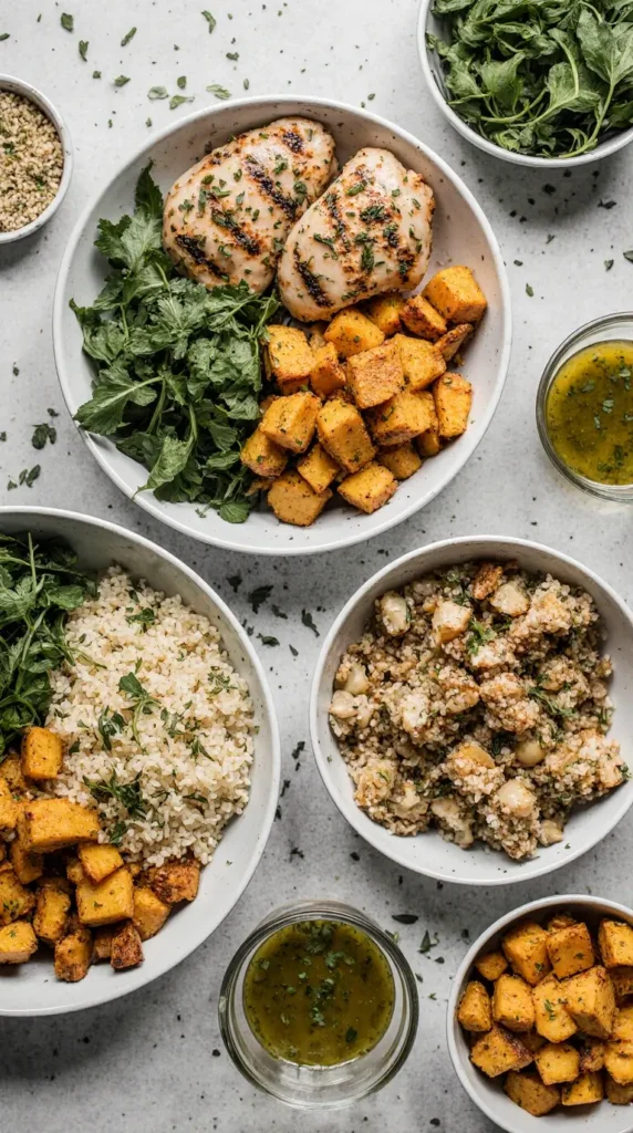 A close-up of various healthy meal prep components, including grilled chicken, baked tofu, roasted chickpeas, and quinoa.