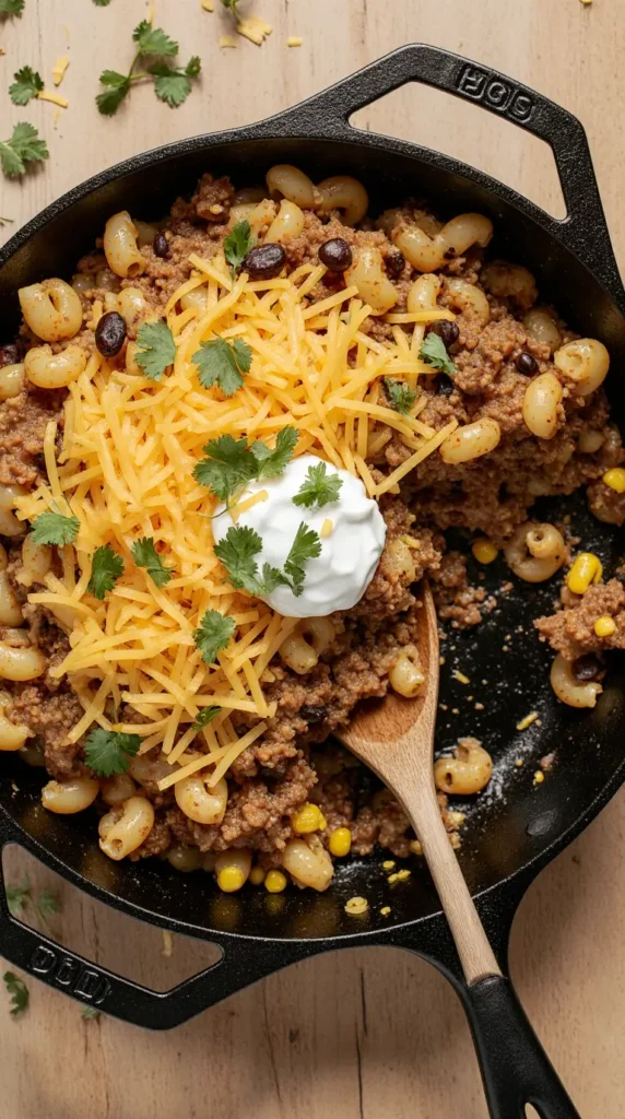 A hearty one-pan cheesy taco pasta in a skillet, topped with melted cheddar cheese, fresh cilantro, and a dollop of sour cream.