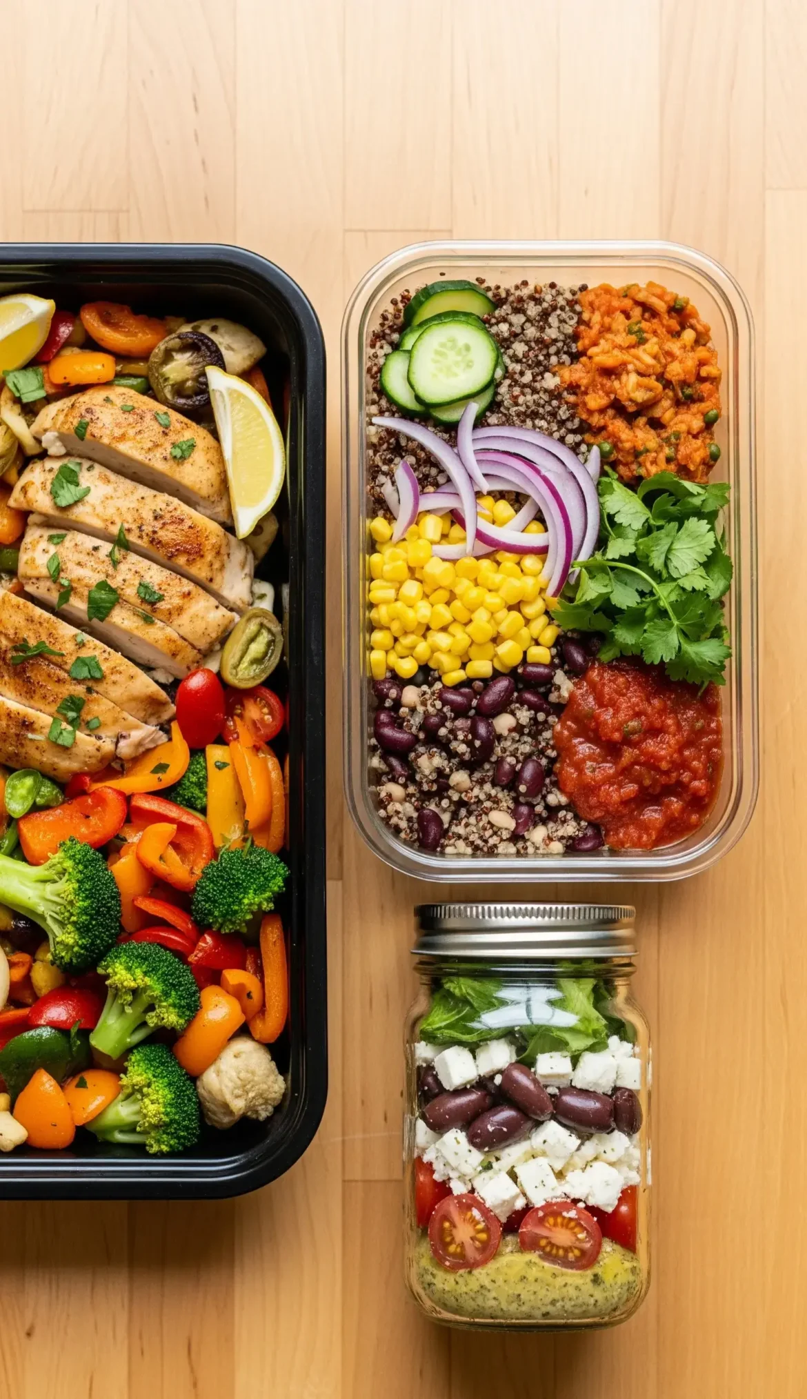 lunch meal prep recipes An overhead view of three different lunch meal prep containers—one with chicken and vegetables, one with a burrito bowl, and one with a mason jar salad—arranged on a wooden table.