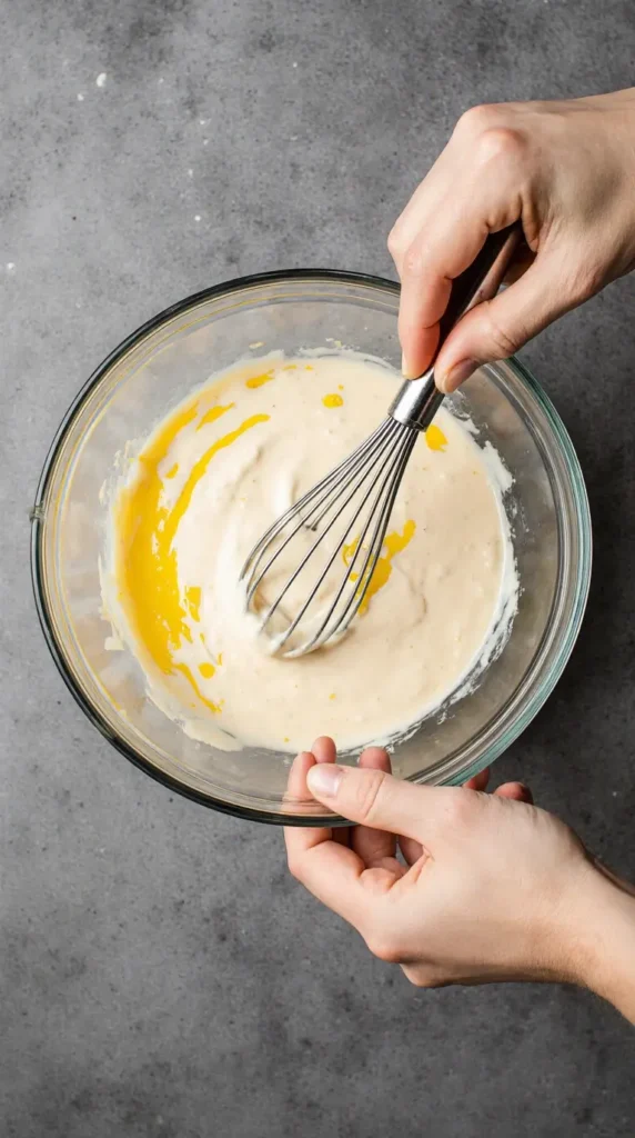 Close-up of creamy mcdonalds breakfast sauce recipe on a spoon, with eggs and herbs beside it