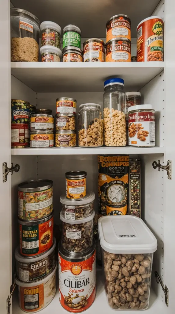 A well-stocked pantry with staples like pasta and canned goods, essential for making Easy Recipes for Dinner.