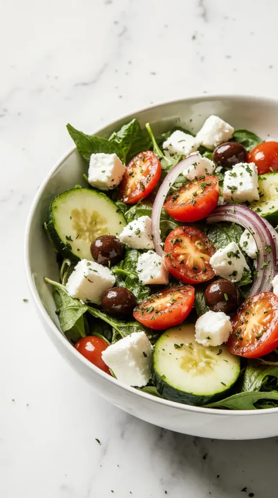 A crisp, photorealistic Greek salad in a white bowl, featuring cucumbers, tomatoes, olives, and feta cheese, drizzled with olive oil.