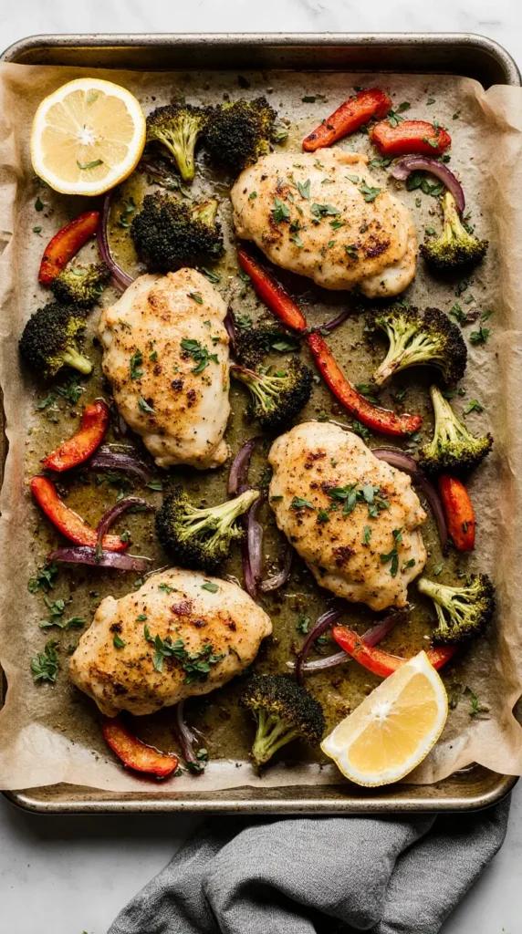 A top-down photorealistic image of a sheet pan with roasted lemon herb chicken, broccoli, red bell peppers, and red onions.