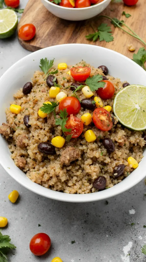 A close-up photorealistic shot of a hearty quinoa burrito bowl filled with ground turkey, black beans, corn, and cherry tomatoes in a white bowl.