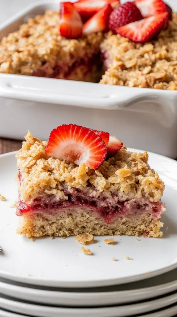 A healthy, photorealistic slice of strawberry oatmeal breakfast bake on a plate, topped with fresh, vibrant strawberries.
