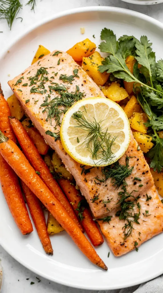  A photorealistic, top-down image of a lemon herb baked salmon fillet on a bed of roasted carrots, topped with fresh dill and parsley.