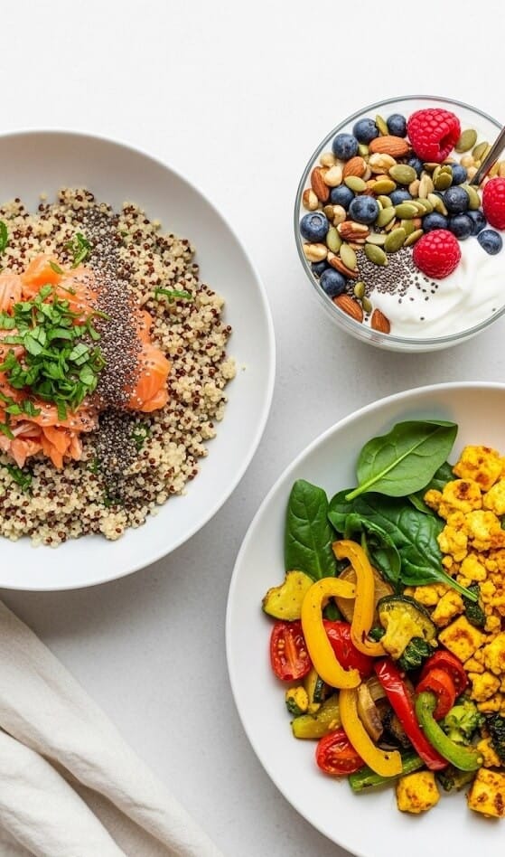 A flat lay of various healthy breakfast recipes, including a quinoa bowl with salmon, a colorful tofu scramble, and a Greek yogurt parfait.