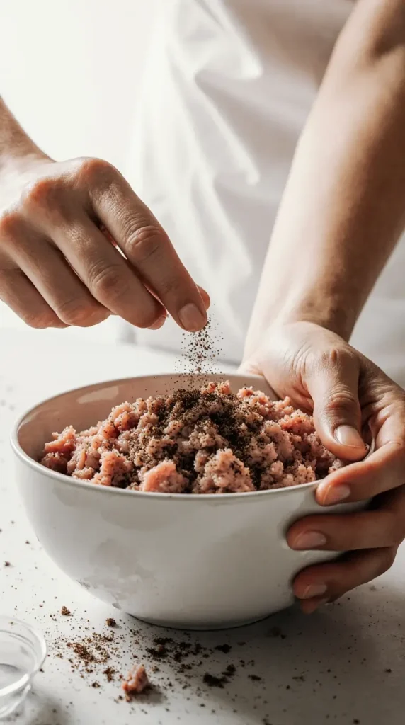 A photorealistic overhead shot of hands gently mixing a dark seasoning blend into a bowl of raw ground pork.