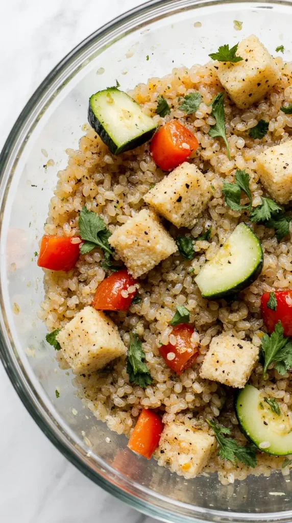 A bright, vertical photo of a refreshing low FODMAP quinoa salad with diced red bell pepper, cucumber, and cilantro in a glass bowl.