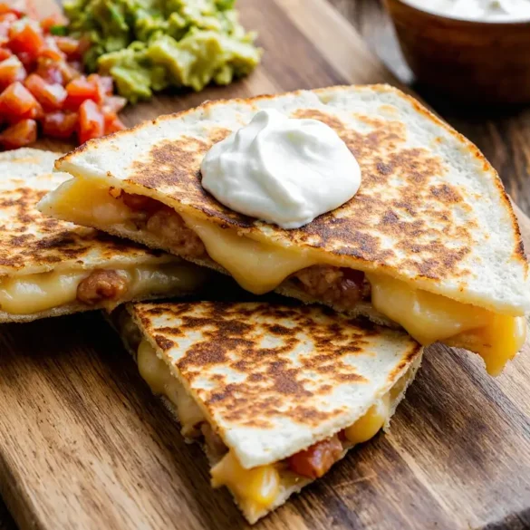 Air Fryer Quesadilla A crispy golden-brown air fryer quesadilla cut into wedges on a wooden board, served with salsa, guacamole, and sour cream.