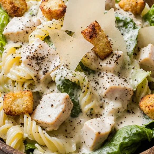 A photorealistic image of a finished Chicken Caesar Pasta Salad in a large serving bowl, ready to eat.