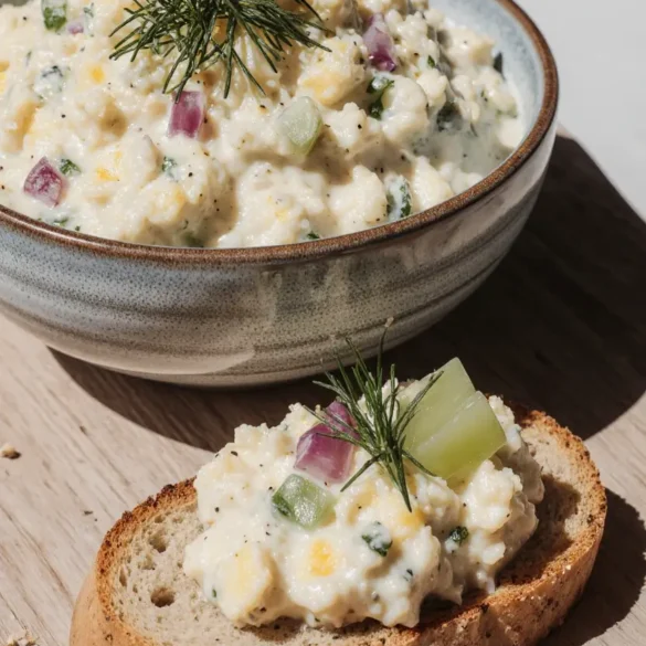 Egg Salad with Greek Yogurt A fresh and healthy egg salad with Greek yogurt served in a rustic bowl, garnished with dill and ready to eat.