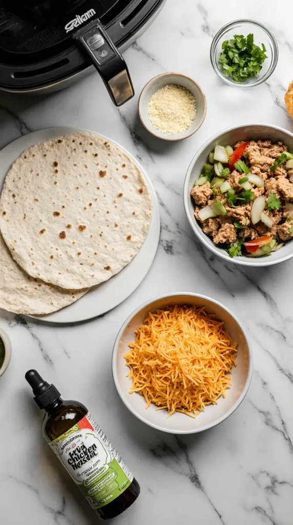 Top-down view of ingredients for air fryer quesadillas, including flour tortillas, shredded cheese, chicken, and vegetables on a marble surface.