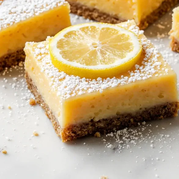 Keto Lemon Bars A professional, photorealistic shot of delicious keto lemon bars cut into neat squares on a marble surface, with one bar garnished with a fresh lemon slice.