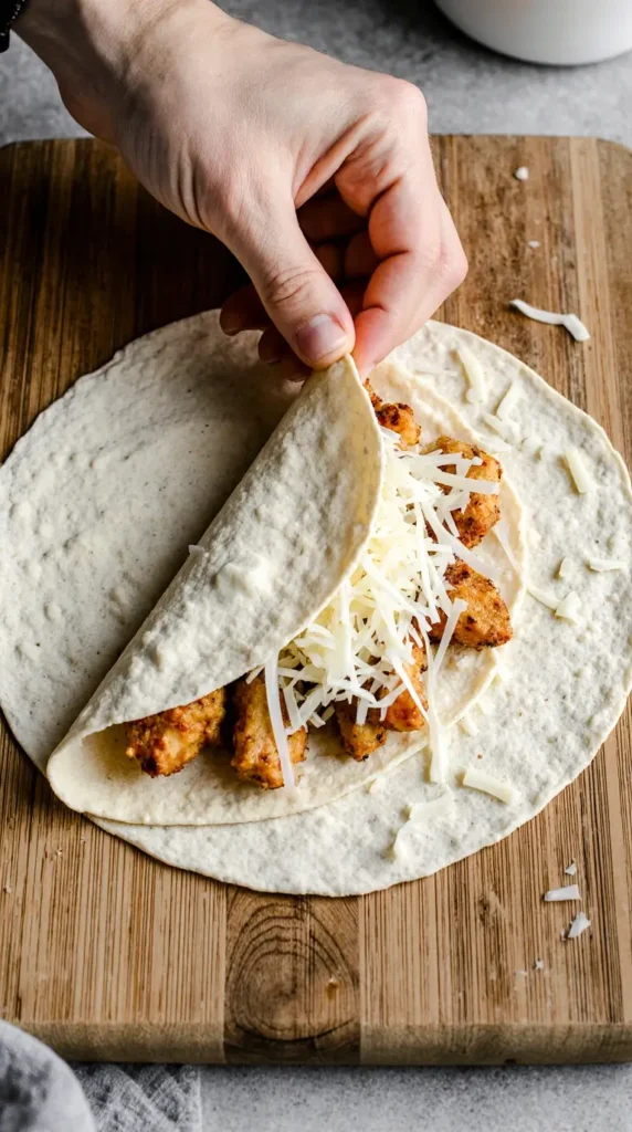  A hand folding a flour tortilla filled with cheese and chicken on a wooden cutting board to make a quesadilla
