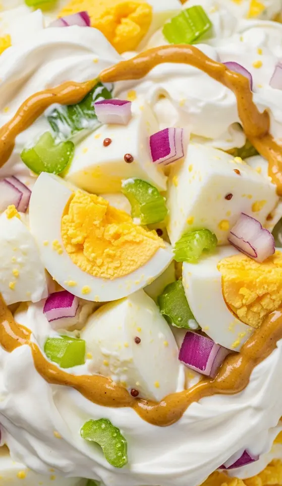 A close-up macro photo showing the creamy texture of Greek yogurt egg salad with bits of celery and red onion.