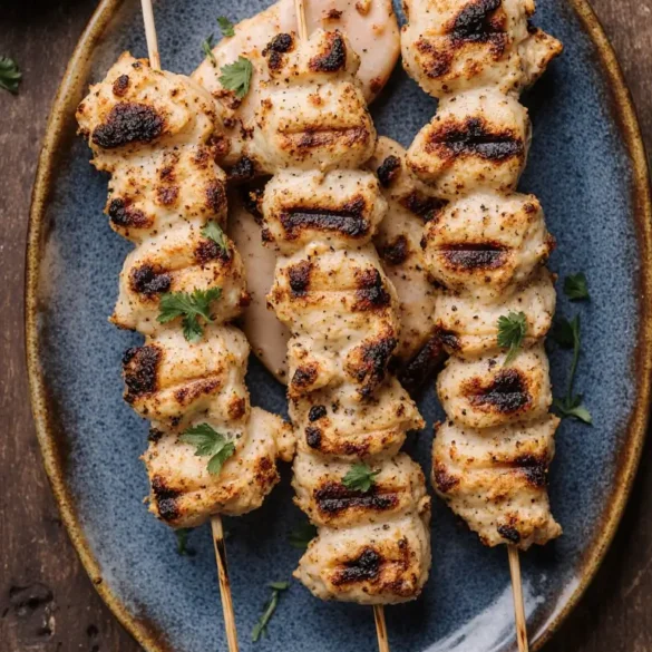 Grilled Persian Joojeh chicken kebabs served with saffron rice and fresh vegetables